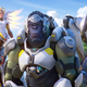 Echo, Brigitte, Mercy, Winston, Reinhardt, and Tracer are shown standing together in a group shot.